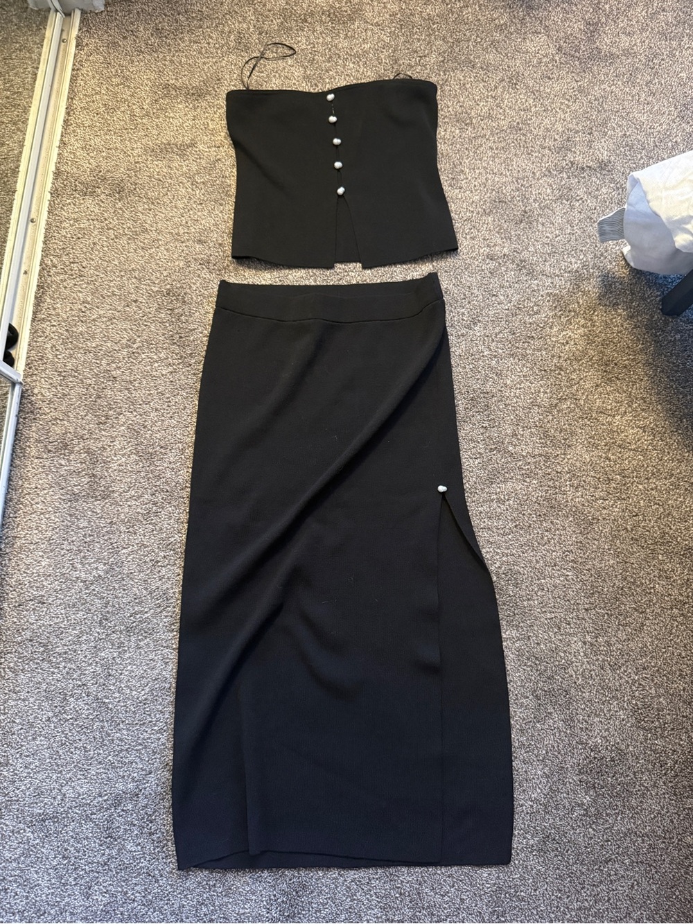 Black Pearl-Button Midi Skirt Set - Women's